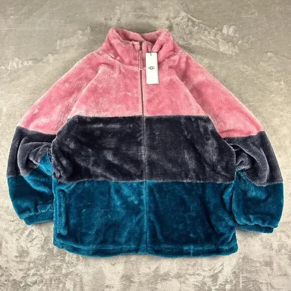 Deadstock NWT Uggs Elaina Colorblock Pink/Blue Faux-fur Jacket Size Medium - Picture 1 of 7
